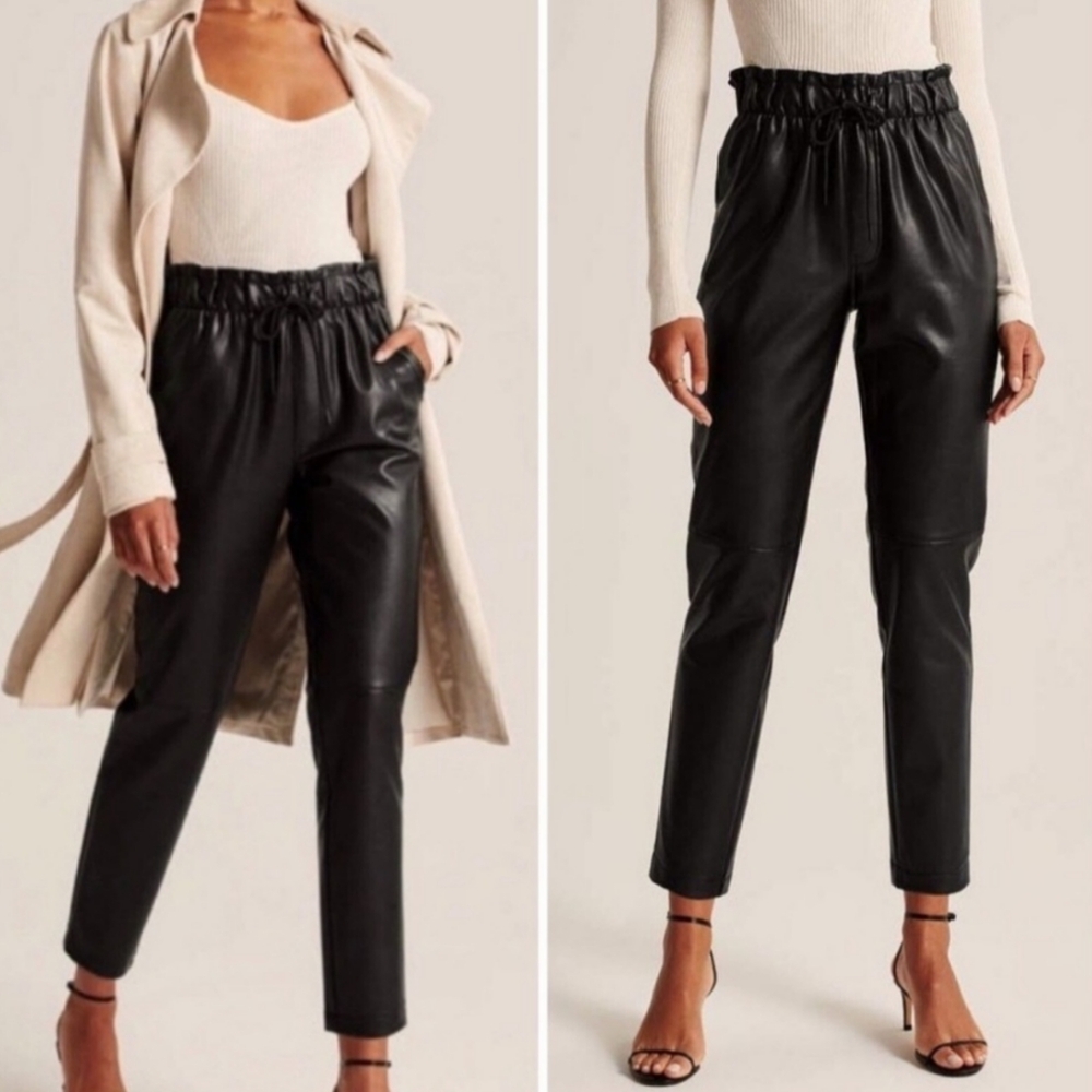Black Faux Leather Paper Bag Pants • Abercrombie & Fitch Large L Elastic Waist V